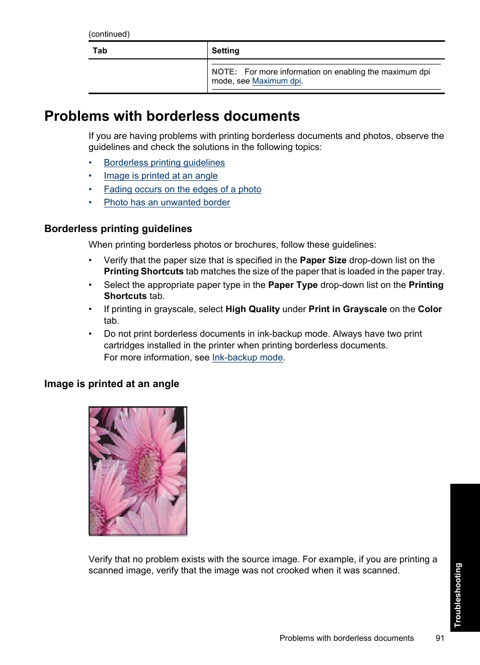 Problems with borderless documents, Borderless printing guidelines, Image is printed at an angle | HP Deskjet D2560 Printer User Manual | Page 94 / 121
