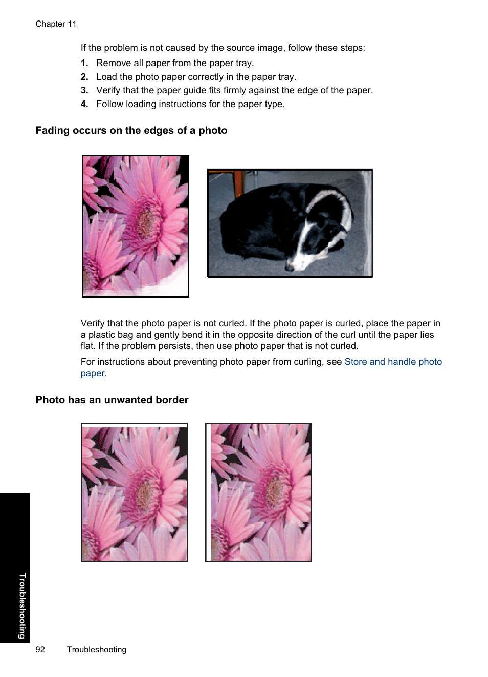 Fading occurs on the edges of a photo, Photo has an unwanted border | HP Deskjet D2560 Printer User Manual | Page 95 / 121