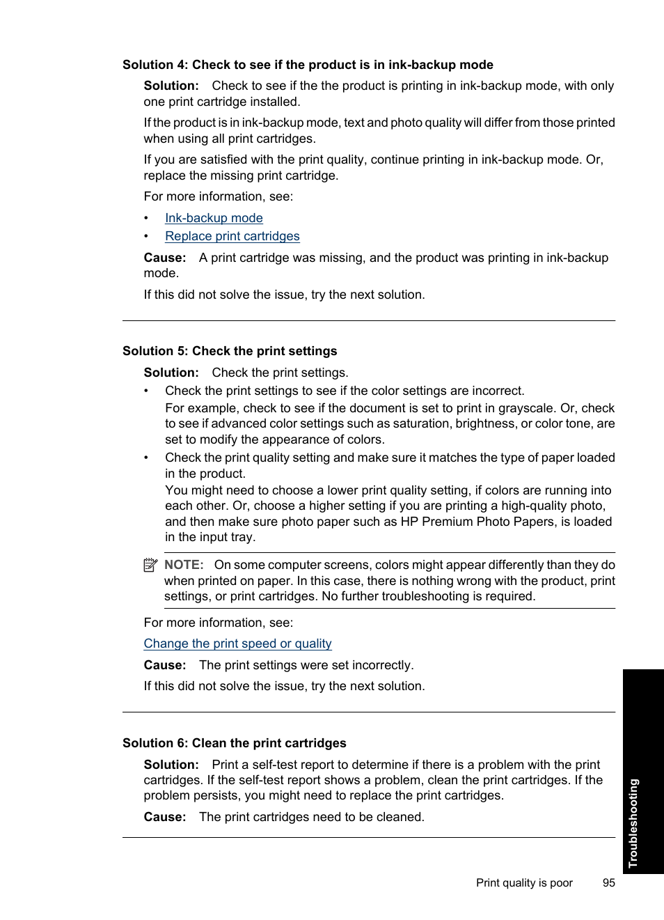 Solution 5: check the print settings, Solution 6: clean the print cartridges | HP Deskjet D2560 Printer User Manual | Page 98 / 121