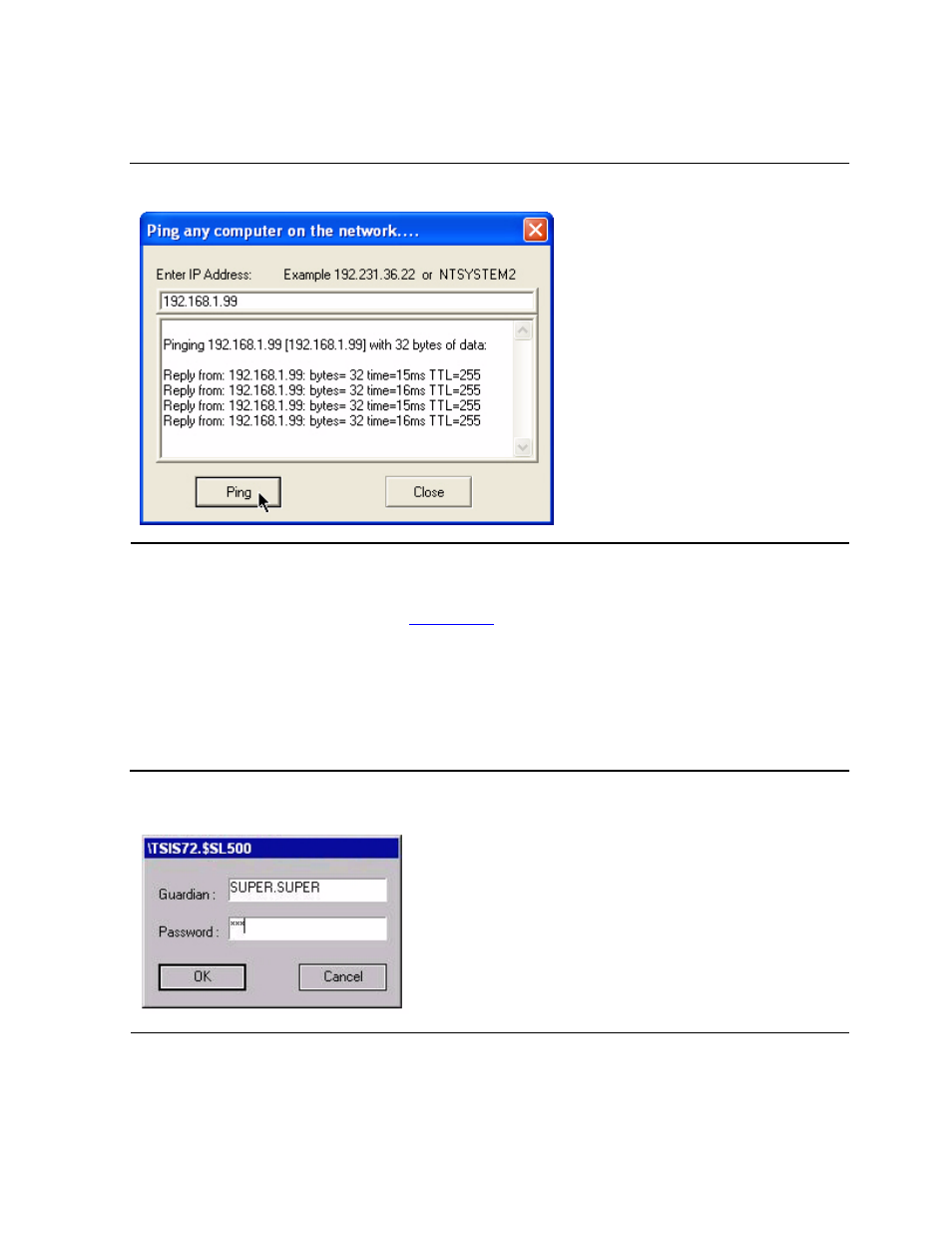 Ping, Nsk user id and password, Figure 6-2 | Main tab - ping utility, Figure 6-3, Nsk user id and password dialog box | HP NonStop G-Series User Manual | Page 87 / 210