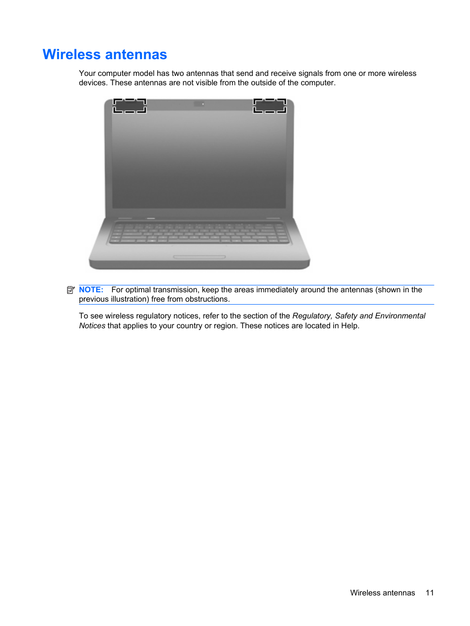 Wireless antennas | HP Compaq Presario CQ56-110US Notebook PC User Manual | Page 19 / 80