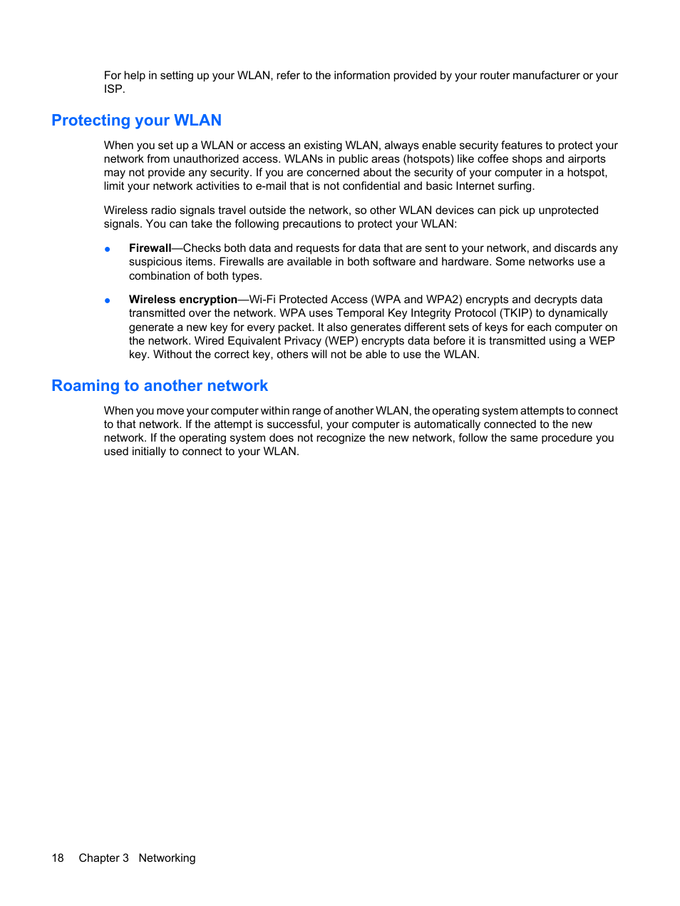 Protecting your wlan, Roaming to another network, Protecting your wlan roaming to another network | HP Compaq Presario CQ56-110US Notebook PC User Manual | Page 26 / 80