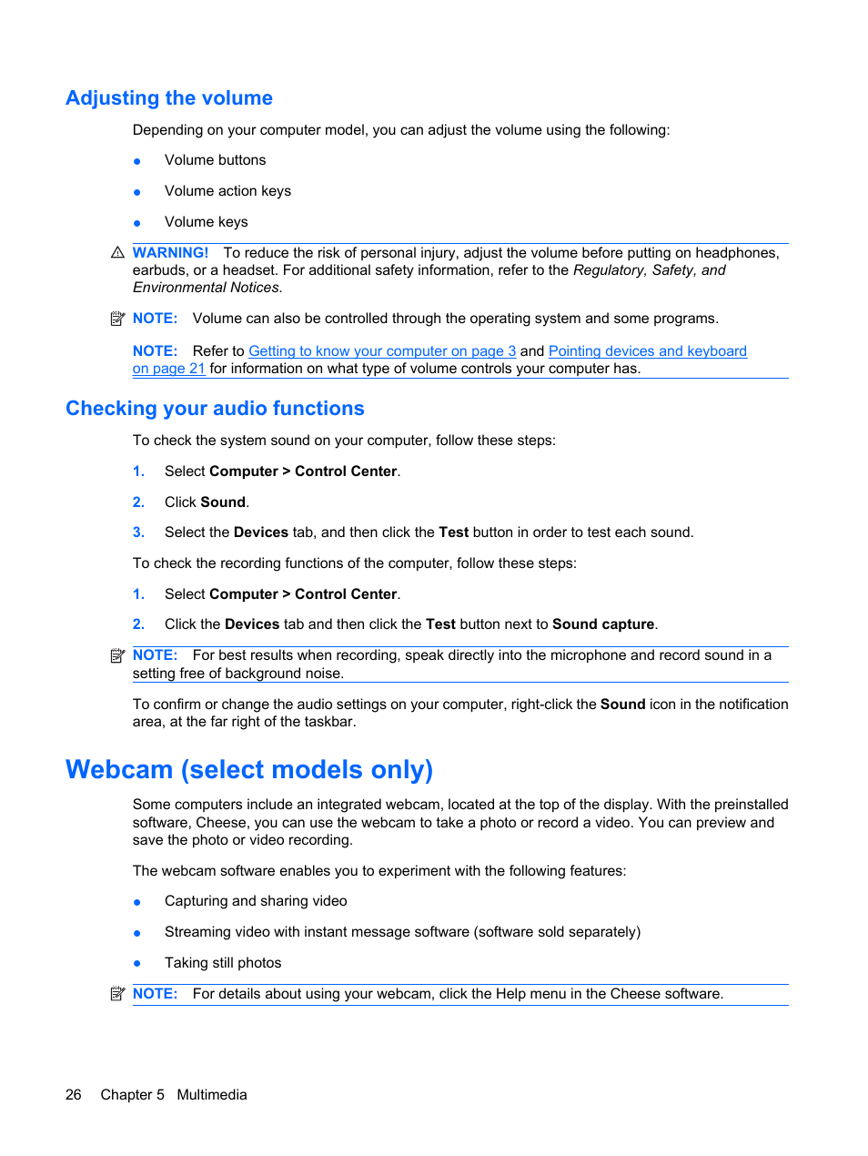 Adjusting the volume, Checking your audio functions, Webcam (select models only) | Adjusting the volume checking your audio functions | HP Compaq Presario CQ56-110US Notebook PC User Manual | Page 34 / 80