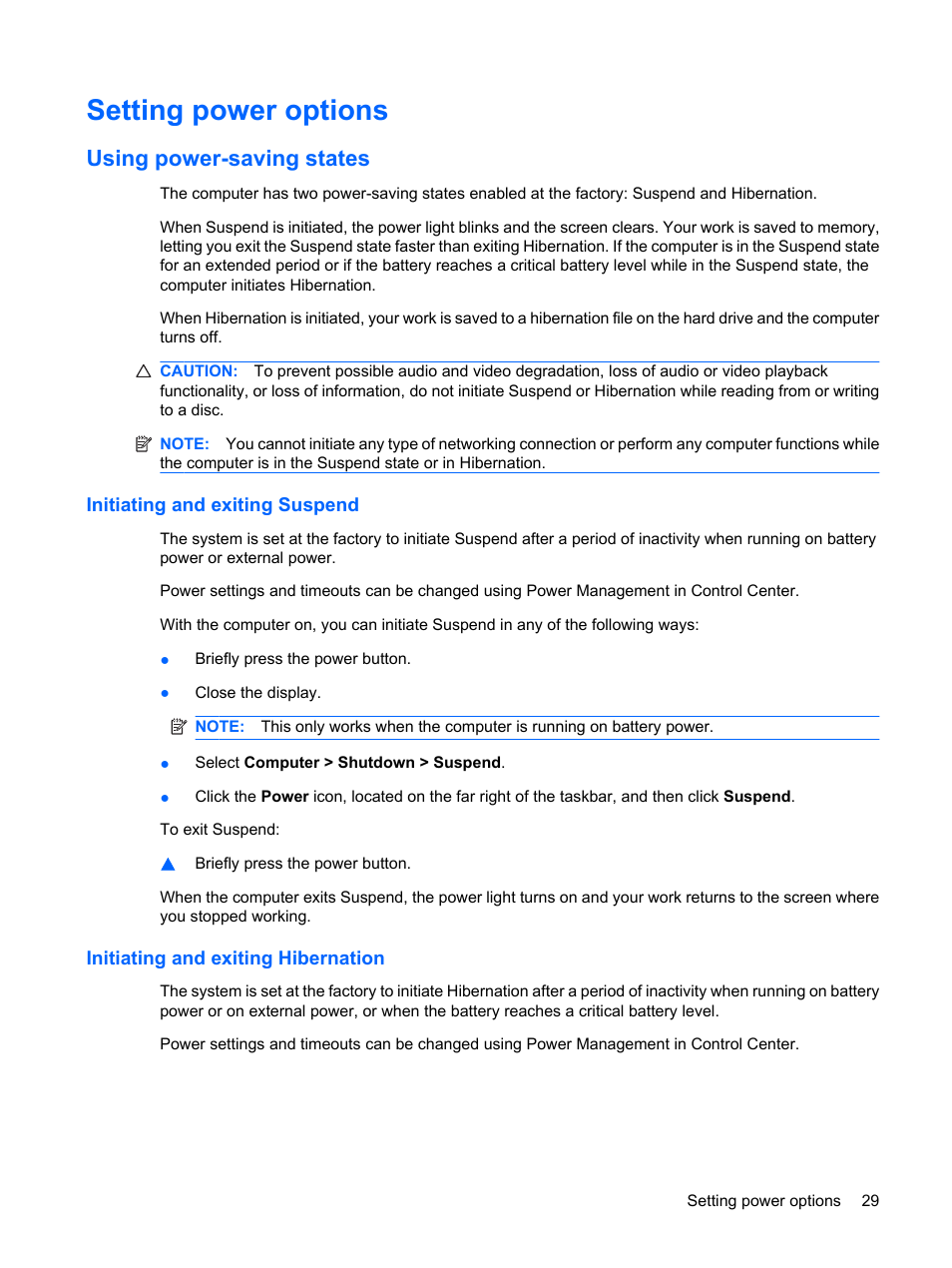 Setting power options, Using power-saving states, Initiating and exiting suspend | Initiating and exiting hibernation | HP Compaq Presario CQ56-110US Notebook PC User Manual | Page 37 / 80