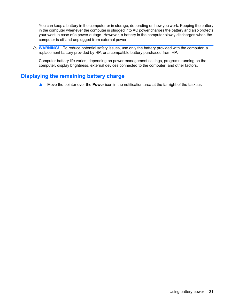 Displaying the remaining battery charge | HP Compaq Presario CQ56-110US Notebook PC User Manual | Page 39 / 80