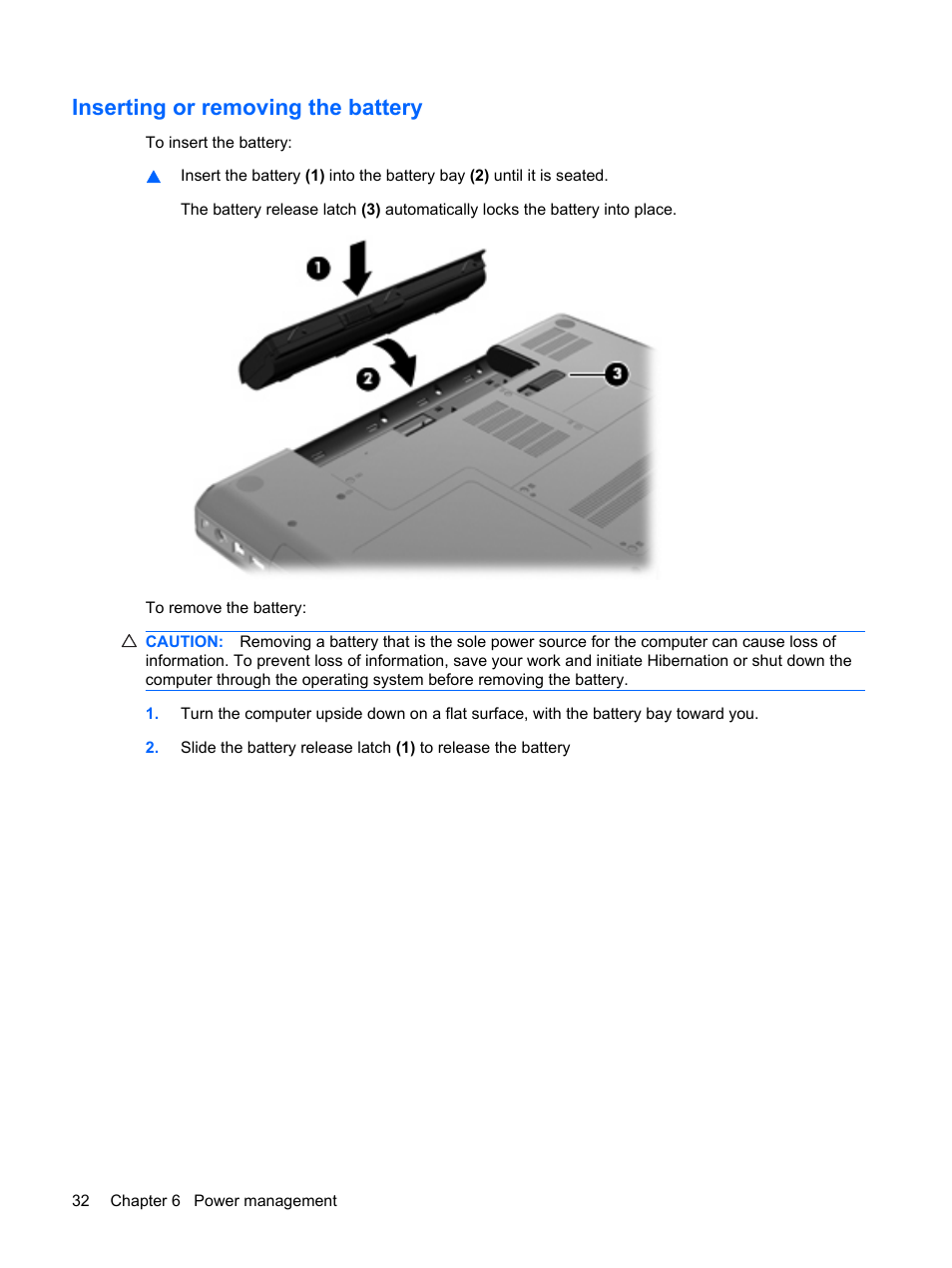 Inserting or removing the battery | HP Compaq Presario CQ56-110US Notebook PC User Manual | Page 40 / 80