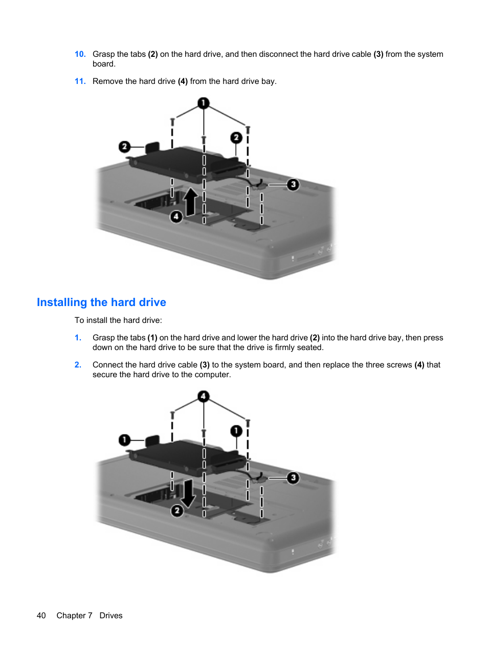 Installing the hard drive | HP Compaq Presario CQ56-110US Notebook PC User Manual | Page 48 / 80