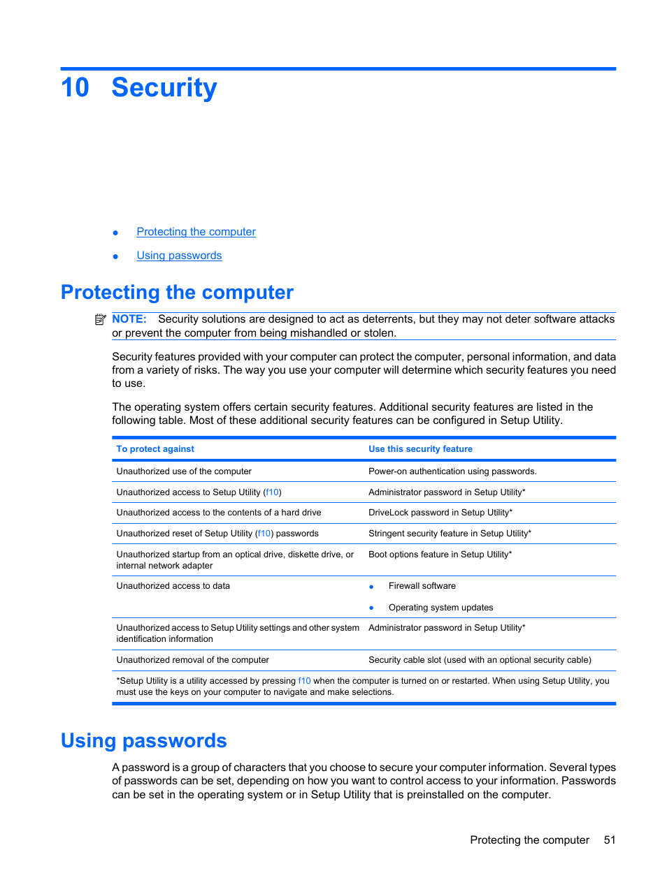 Security, Protecting the computer, Using passwords | 10 security, Protecting the computer using passwords | HP Compaq Presario CQ56-110US Notebook PC User Manual | Page 59 / 80