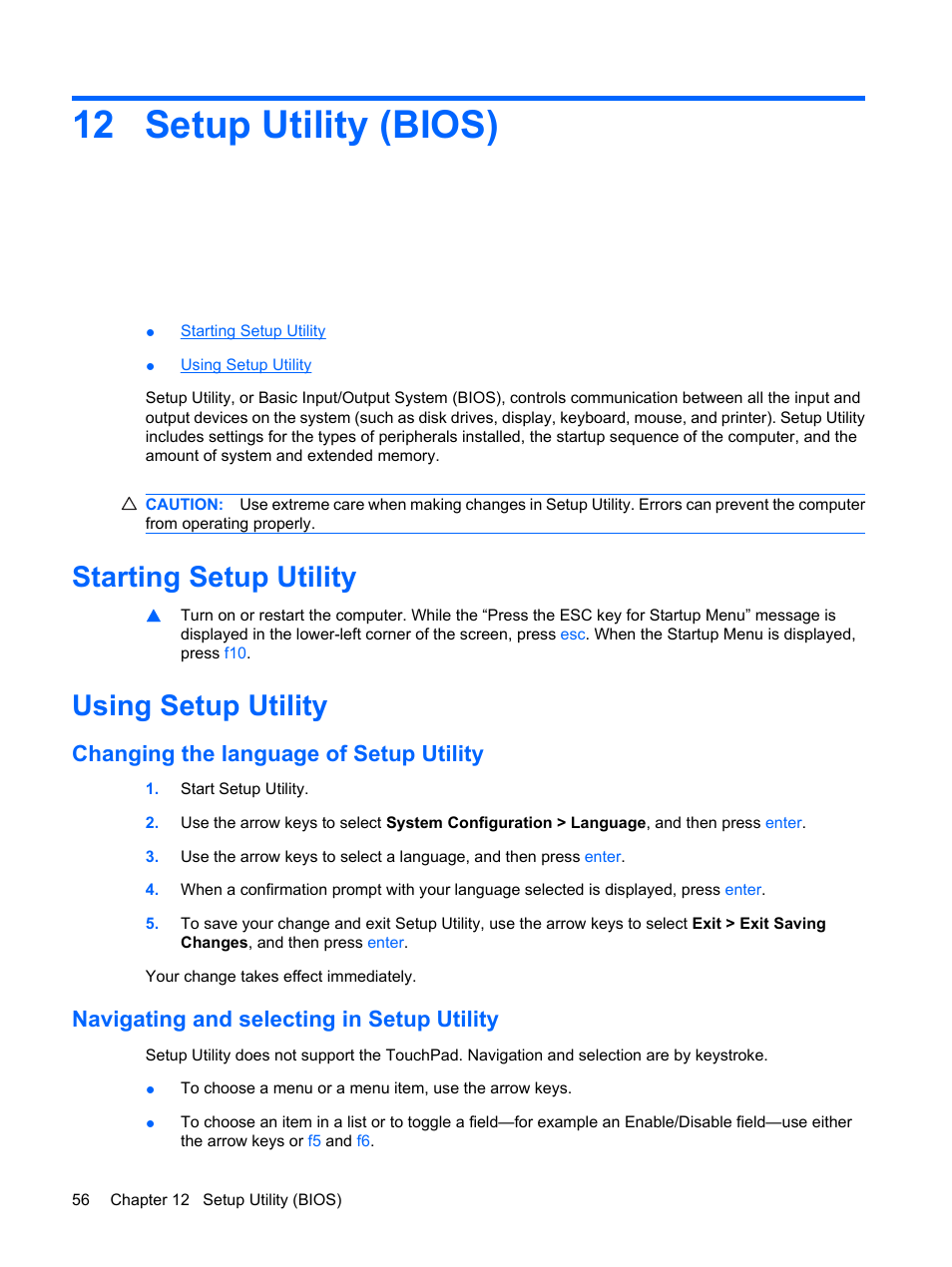 Setup utility (bios), Starting setup utility, Using setup utility | Changing the language of setup utility, Navigating and selecting in setup utility, 12 setup utility (bios), Starting setup utility using setup utility, Er to | HP Compaq Presario CQ56-110US Notebook PC User Manual | Page 64 / 80