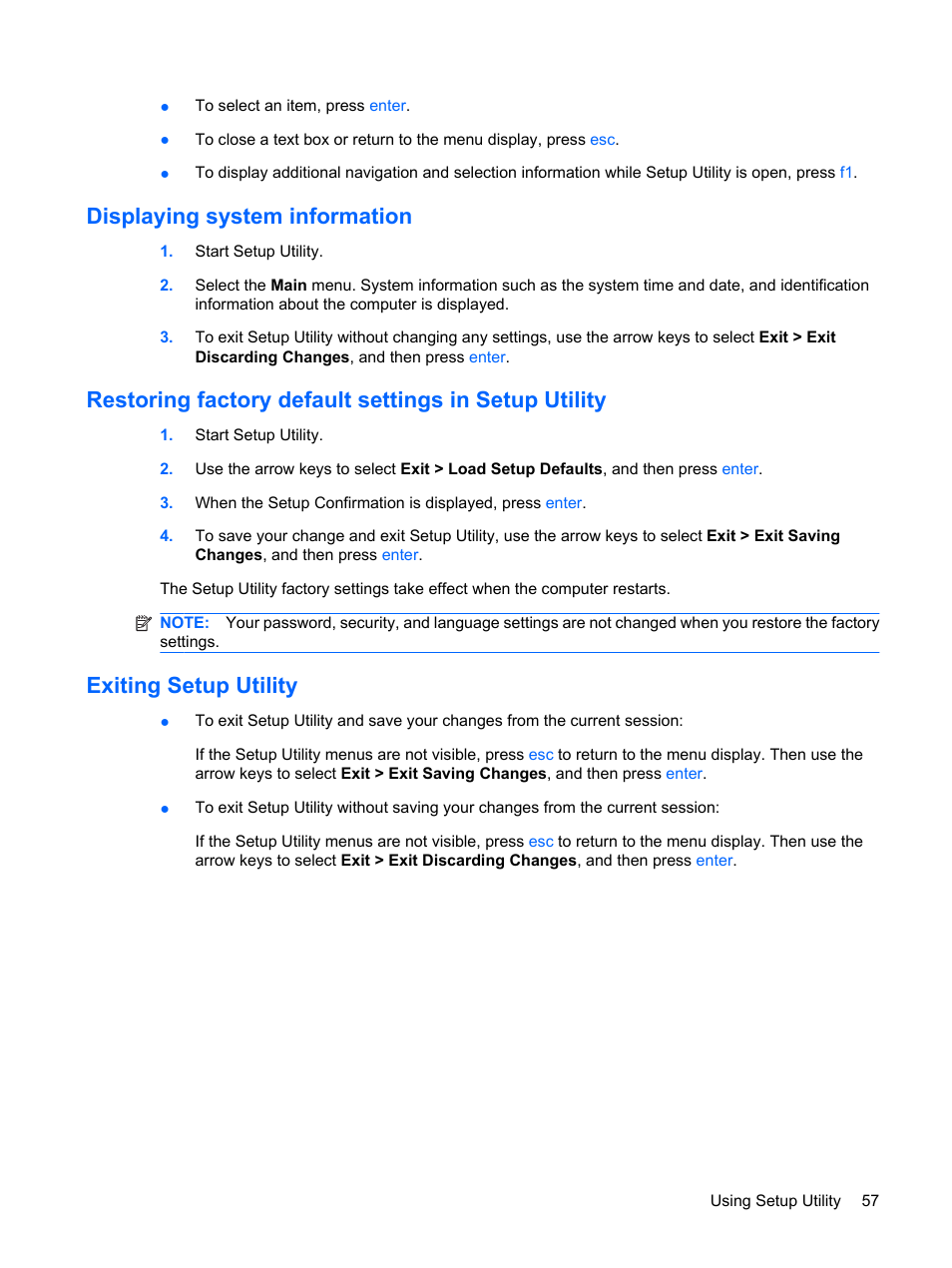 Displaying system information, Exiting setup utility | HP Compaq Presario CQ56-110US Notebook PC User Manual | Page 65 / 80