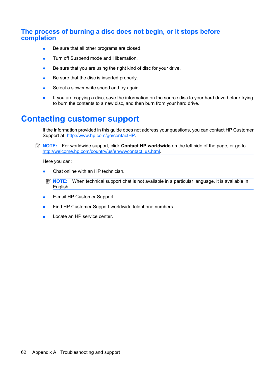 Contacting customer support | HP Compaq Presario CQ56-110US Notebook PC User Manual | Page 70 / 80