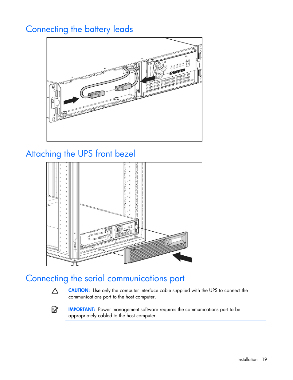 Connecting the battery leads, Attaching the ups front bezel, Connecting the serial communications port | HP UPS Extended Runtime Module User Manual | Page 19 / 65