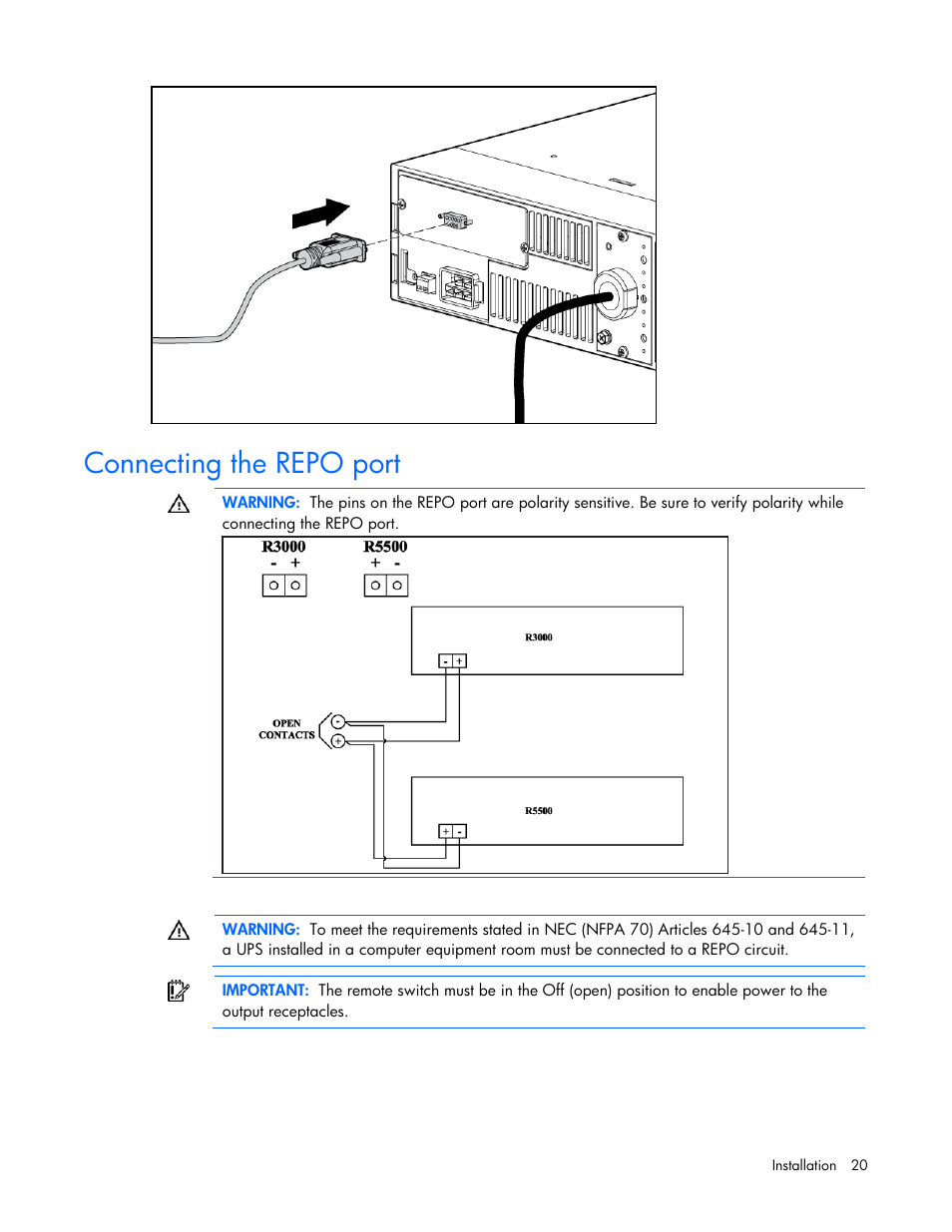 Connecting the repo port | HP UPS Extended Runtime Module User Manual | Page 20 / 65