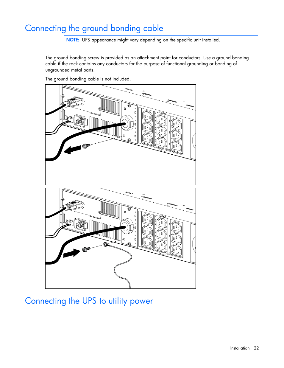 Connecting the ground bonding cable, Connecting the ups to utility power | HP UPS Extended Runtime Module User Manual | Page 22 / 65