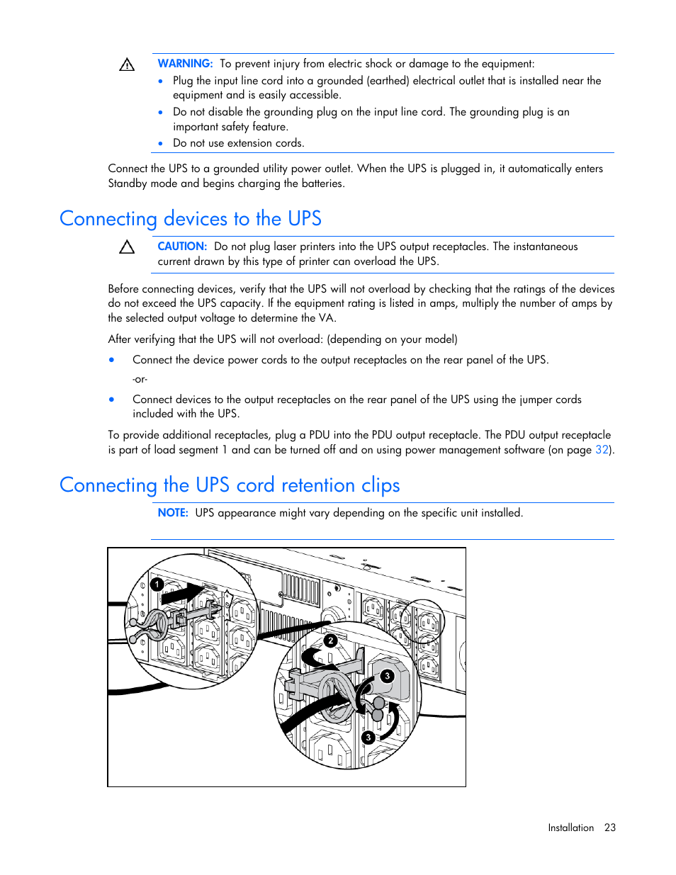 Connecting devices to the ups, Connecting the ups cord retention clips | HP UPS Extended Runtime Module User Manual | Page 23 / 65