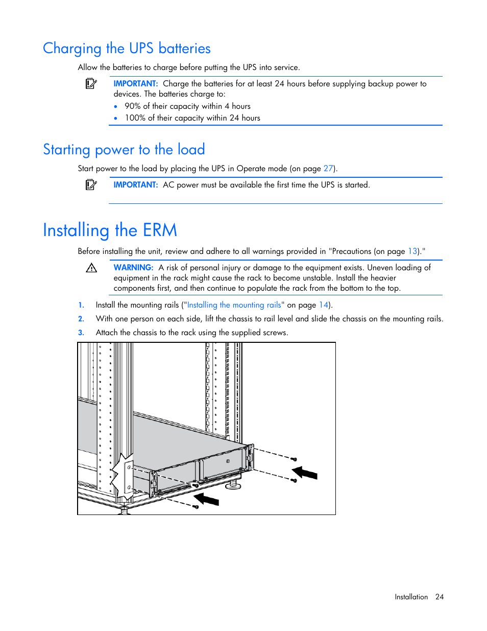 Charging the ups batteries, Starting power to the load, Installing the erm | Starting power to the, Load | HP UPS Extended Runtime Module User Manual | Page 24 / 65