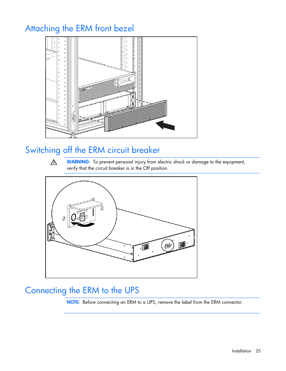 Attaching the erm front bezel, Switching off the erm circuit breaker, Connecting the erm to the ups | HP UPS Extended Runtime Module User Manual | Page 25 / 65