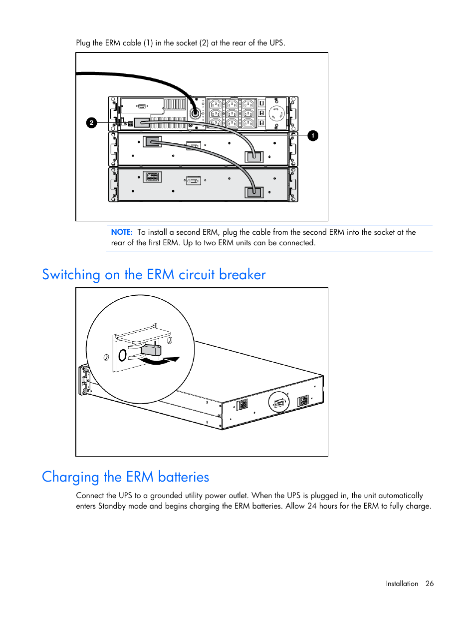 Switching on the erm circuit breaker, Charging the erm batteries | HP UPS Extended Runtime Module User Manual | Page 26 / 65