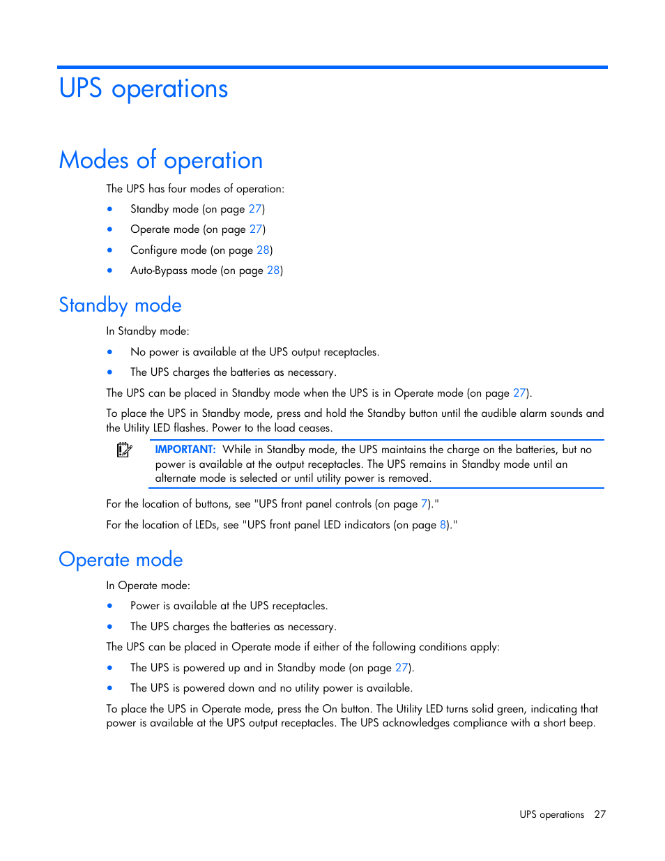Ups operations, Modes of operation, Standby mode | Operate mode, Standby mode operate mode | HP UPS Extended Runtime Module User Manual | Page 27 / 65