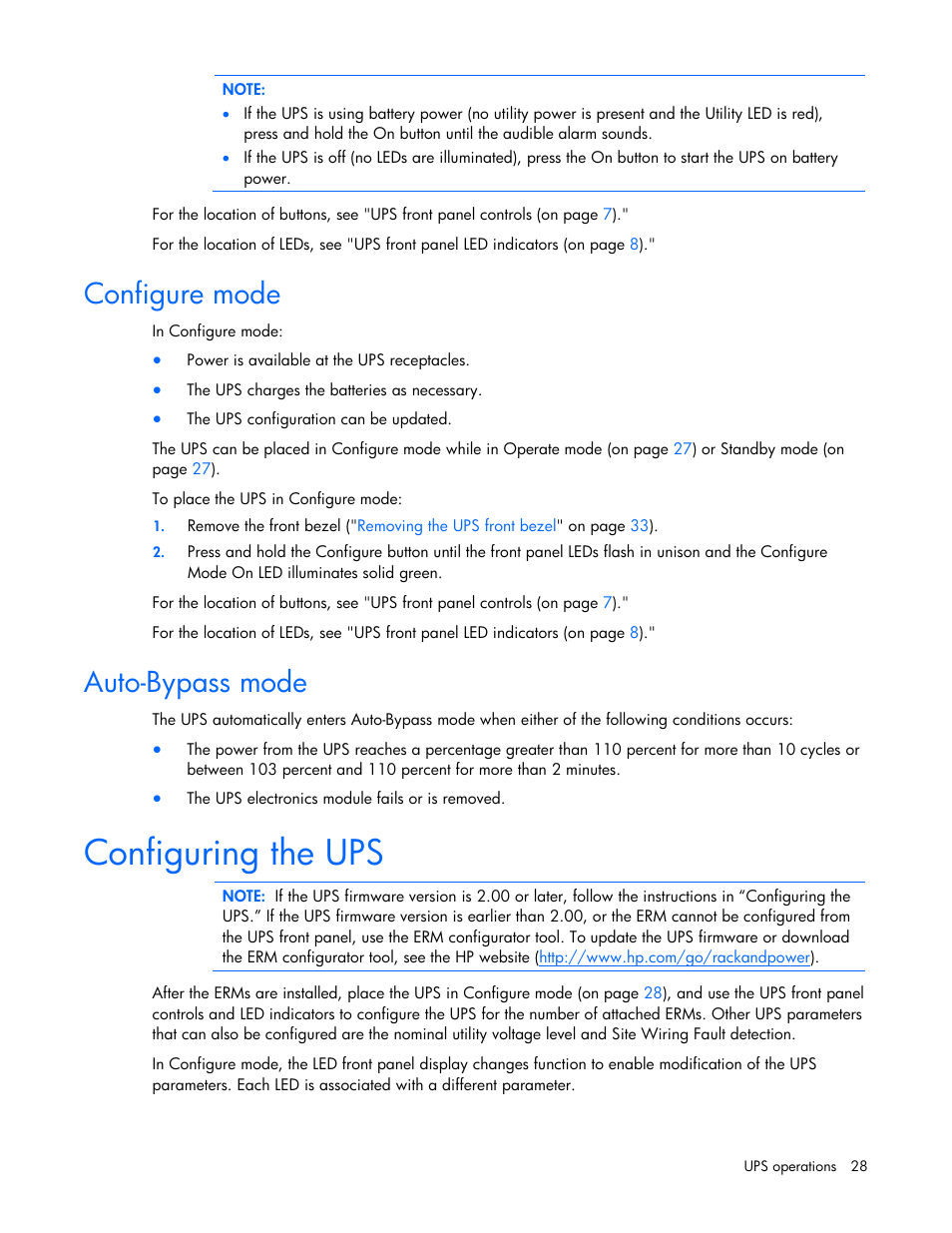 Configure mode, Auto-bypass mode, Configuring the ups | Configure mode auto-bypass mode | HP UPS Extended Runtime Module User Manual | Page 28 / 65