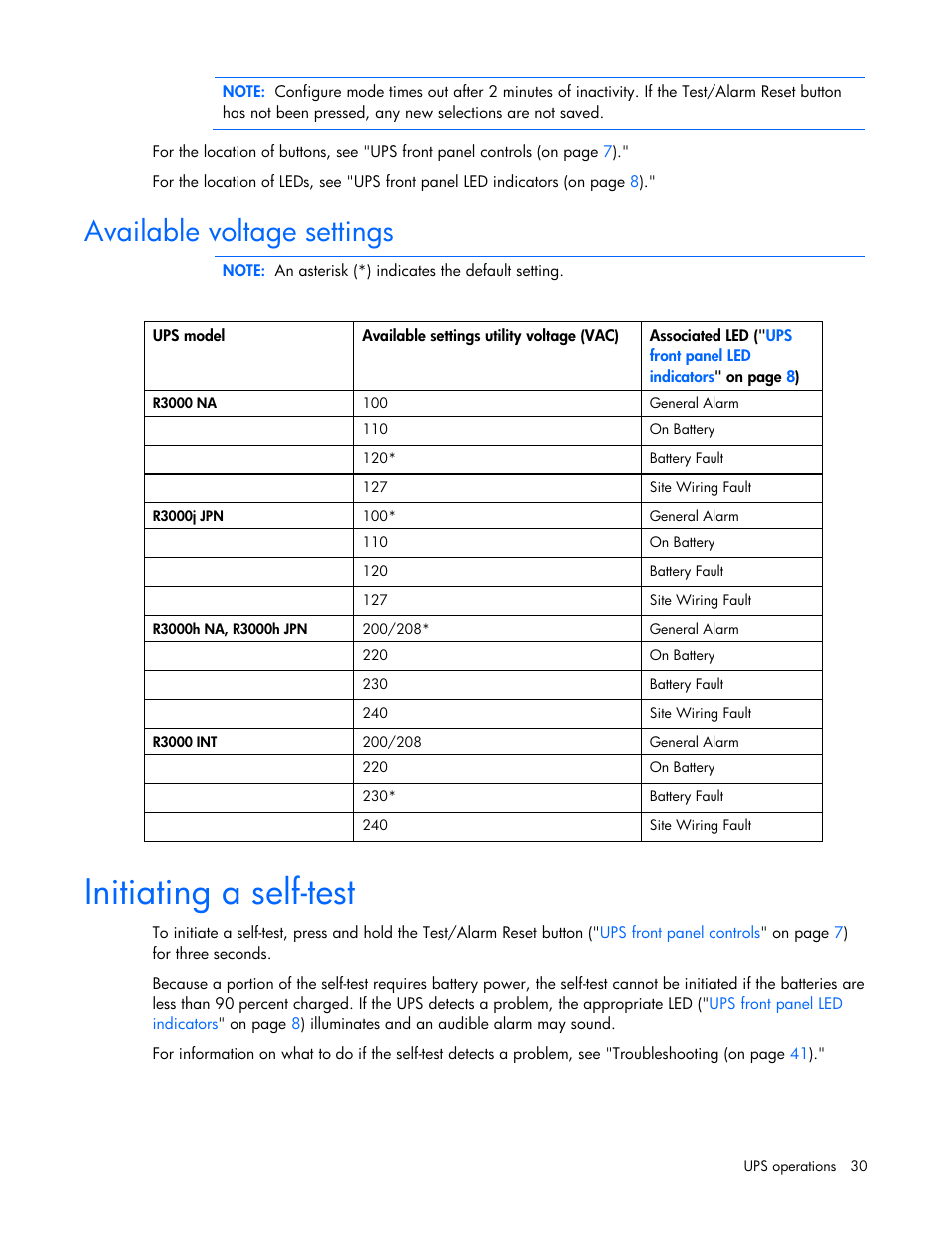 Available voltage settings, Initiating a self-test | HP UPS Extended Runtime Module User Manual | Page 30 / 65