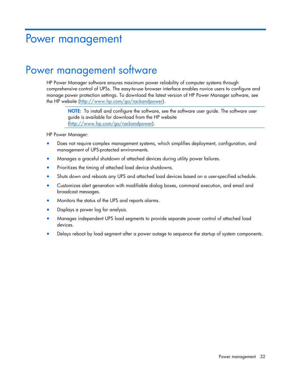 Power management, Power management software | HP UPS Extended Runtime Module User Manual | Page 32 / 65