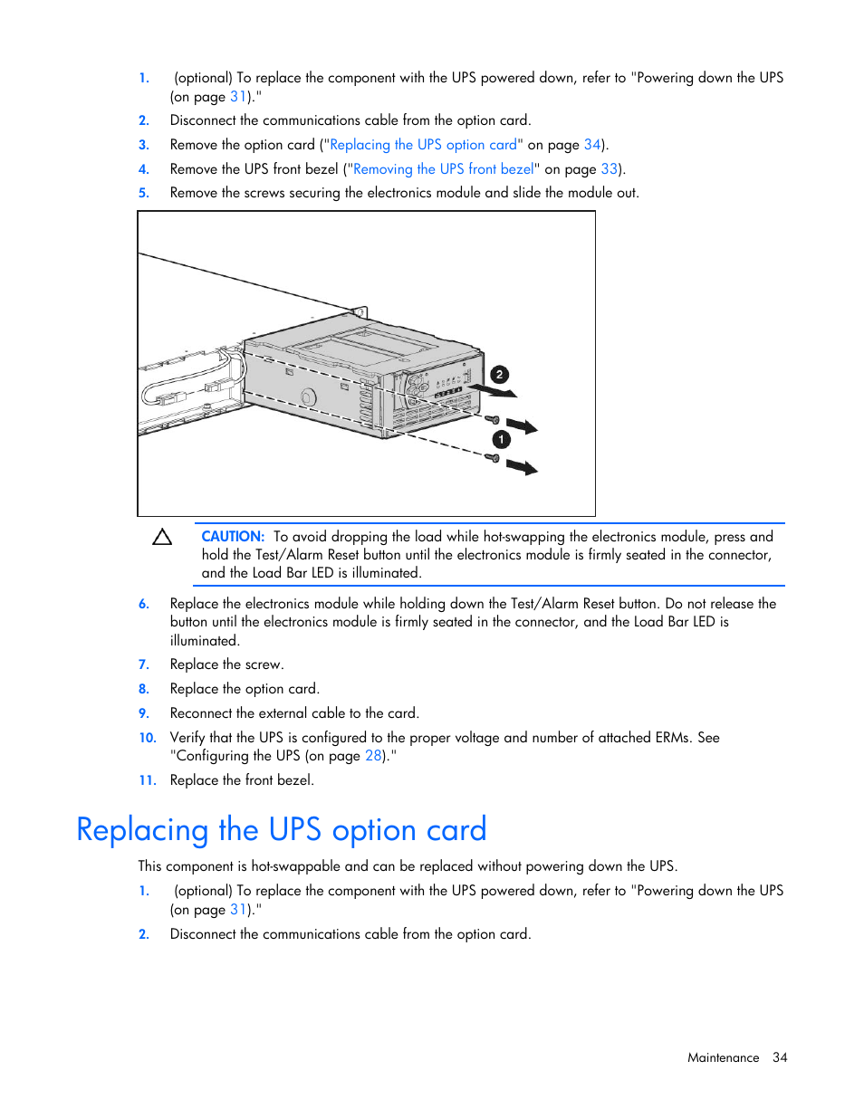 Replacing the ups option card | HP UPS Extended Runtime Module User Manual | Page 34 / 65