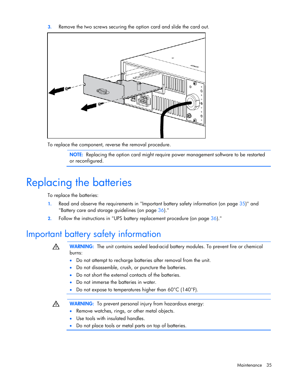 Replacing the batteries, Important battery safety information | HP UPS Extended Runtime Module User Manual | Page 35 / 65