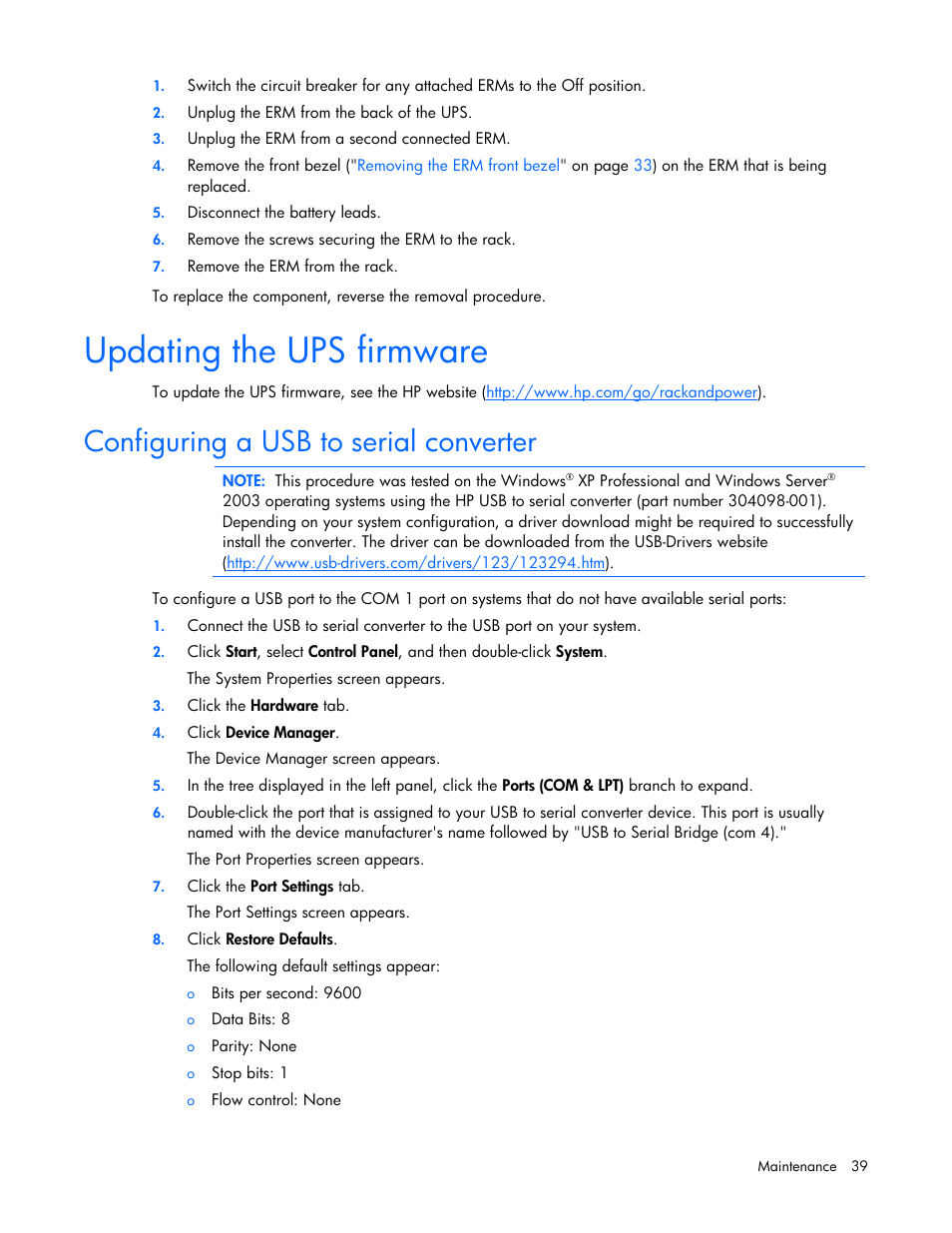 Updating the ups firmware, Configuring a usb to serial converter | HP UPS Extended Runtime Module User Manual | Page 39 / 65