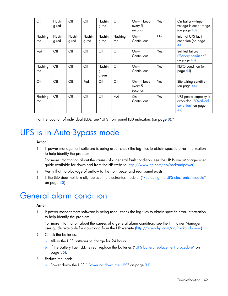 Ups is in auto-bypass mode, General alarm condition, Ups is in auto-bypass mode general alarm condition | General alarm, Condition | HP UPS Extended Runtime Module User Manual | Page 42 / 65