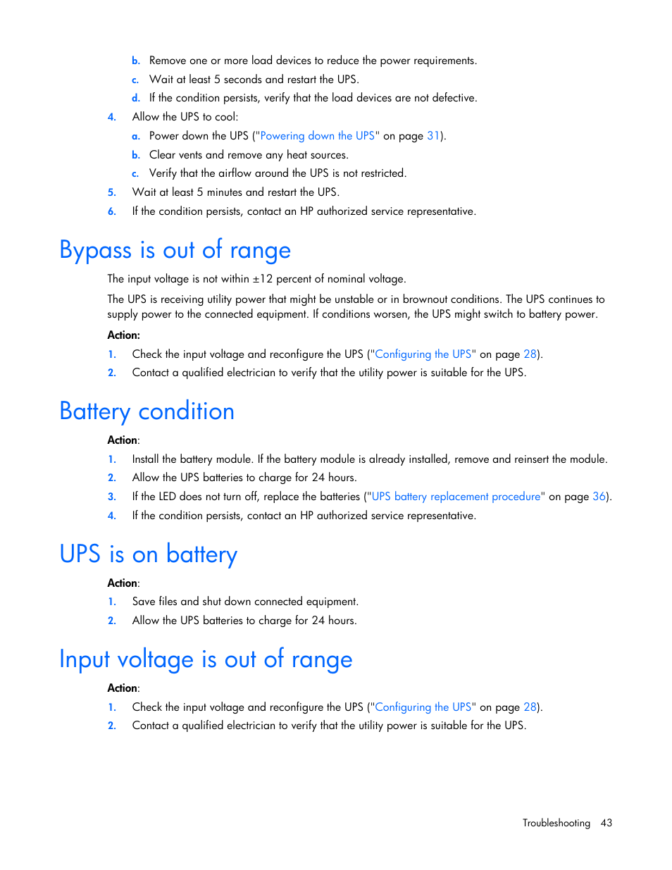 Bypass is out of range, Battery condition, Ups is on battery | Input voltage is out of range, Ups is on, Battery, Condition | HP UPS Extended Runtime Module User Manual | Page 43 / 65