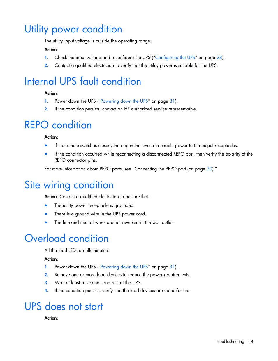 Utility power condition, Internal ups fault condition, Repo condition | Site wiring condition, Overload condition, Ups does not start, Overload, Condition | HP UPS Extended Runtime Module User Manual | Page 44 / 65