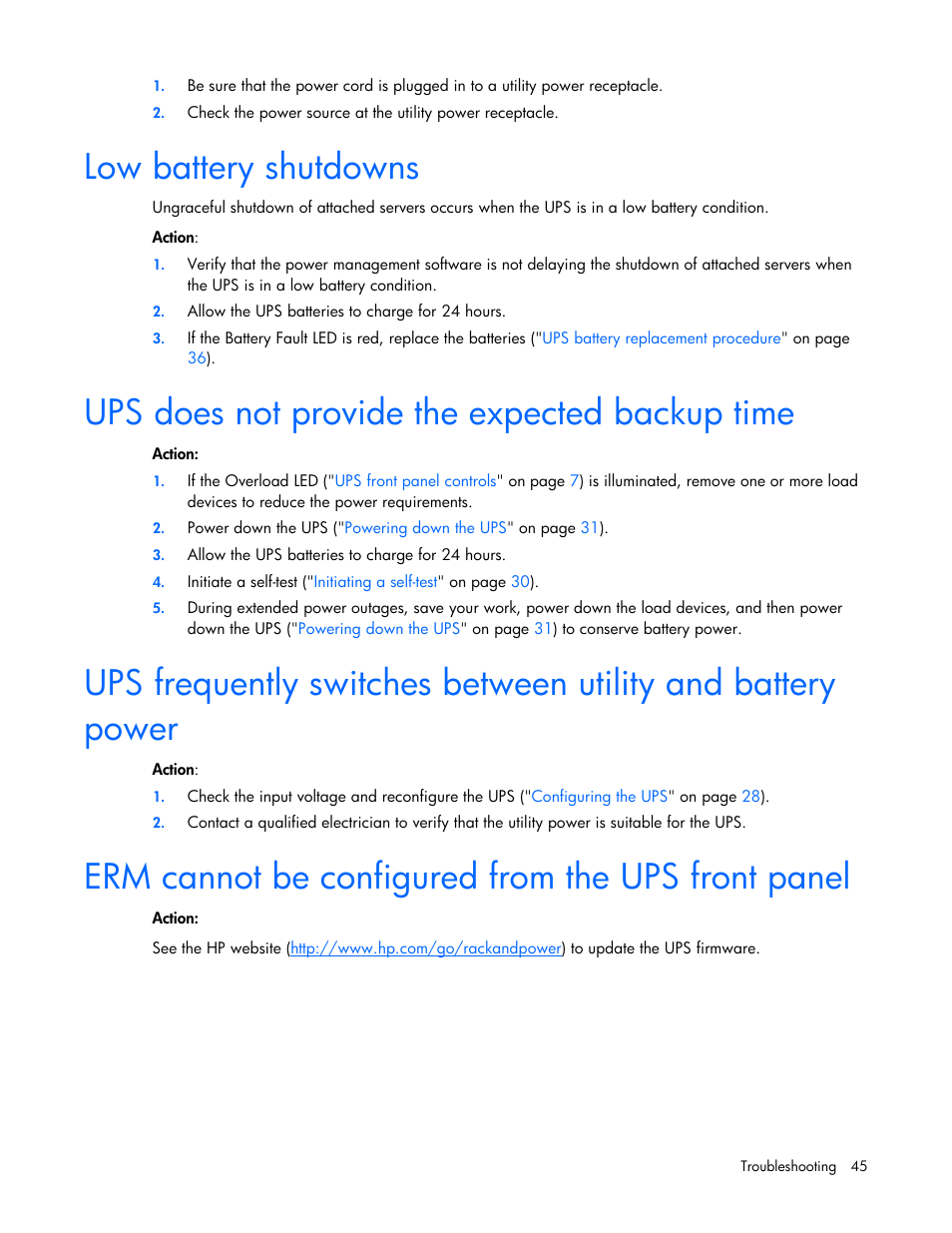 Low battery shutdowns, Ups does not provide the expected backup time, Erm cannot be configured from the ups front panel | HP UPS Extended Runtime Module User Manual | Page 45 / 65