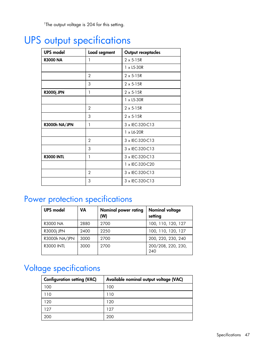 Ups output specifications, Power protection specifications, Voltage specifications | HP UPS Extended Runtime Module User Manual | Page 47 / 65