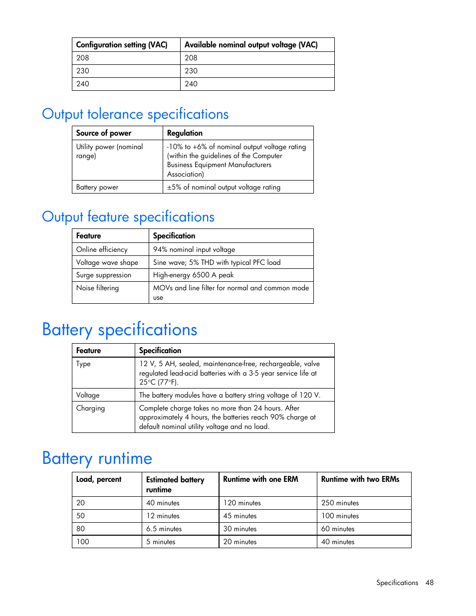 Output tolerance specifications, Output feature specifications, Battery specifications | Battery runtime, Battery specifications battery runtime | HP UPS Extended Runtime Module User Manual | Page 48 / 65