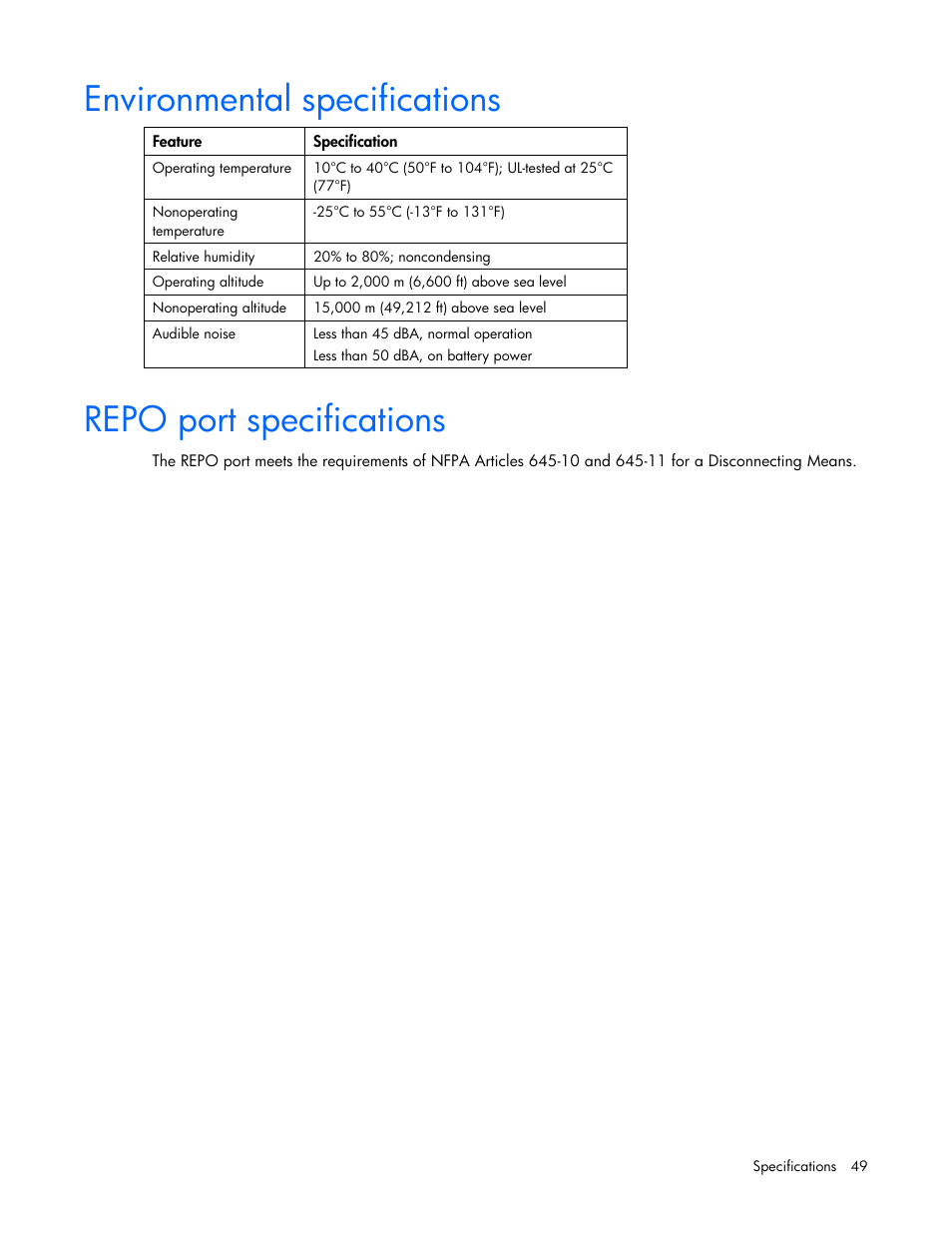 Environmental specifications, Repo port specifications | HP UPS Extended Runtime Module User Manual | Page 49 / 65