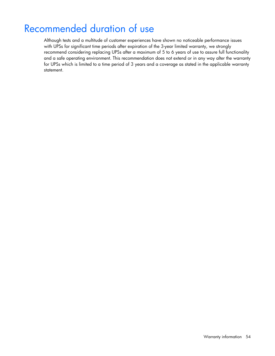 Recommended duration of use | HP UPS Extended Runtime Module User Manual | Page 54 / 65