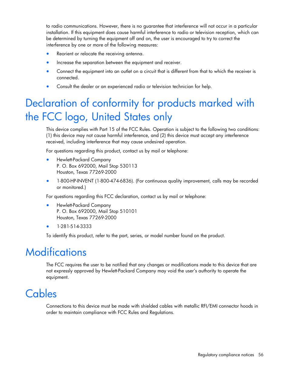 Modifications, Cables | HP UPS Extended Runtime Module User Manual | Page 56 / 65
