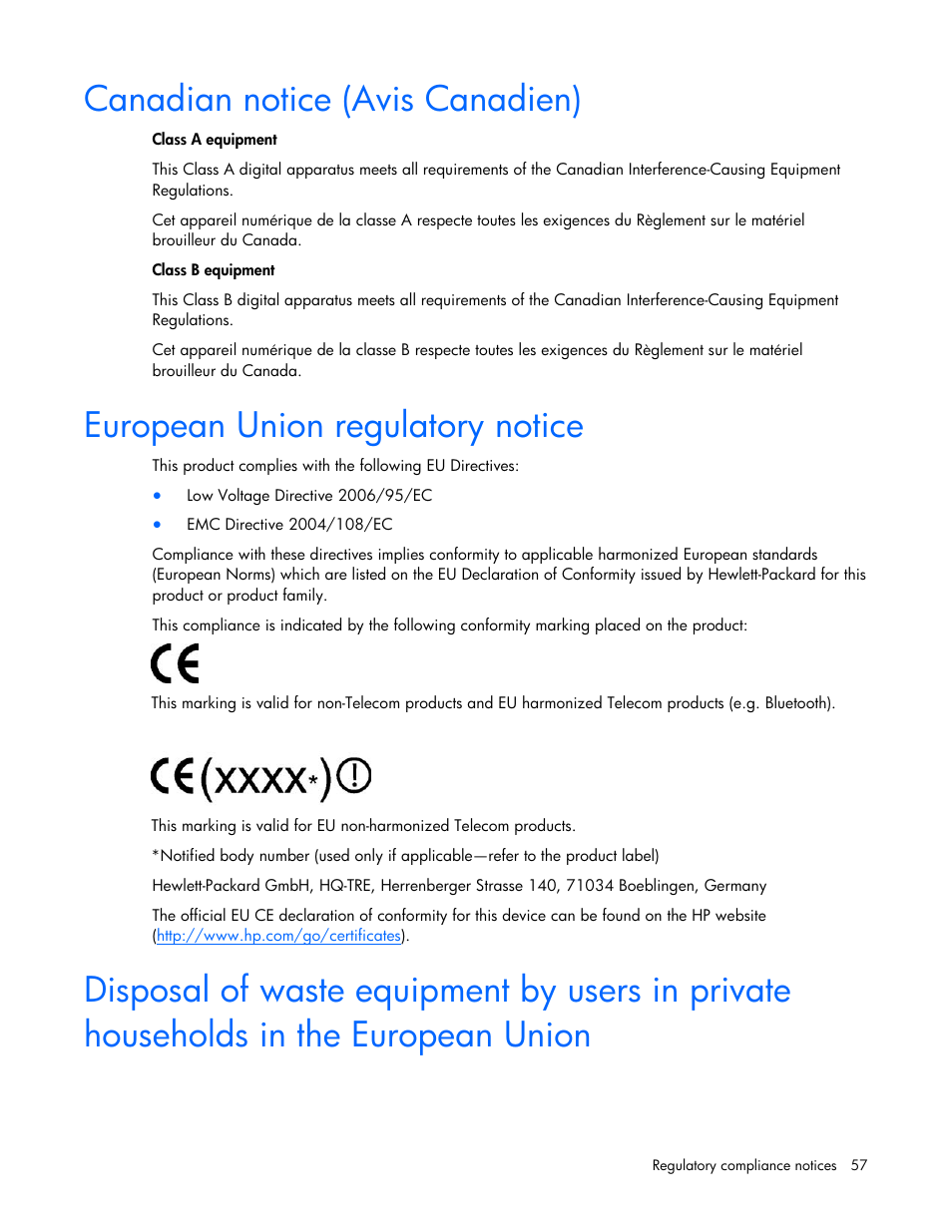 Canadian notice (avis canadien), European union regulatory notice | HP UPS Extended Runtime Module User Manual | Page 57 / 65