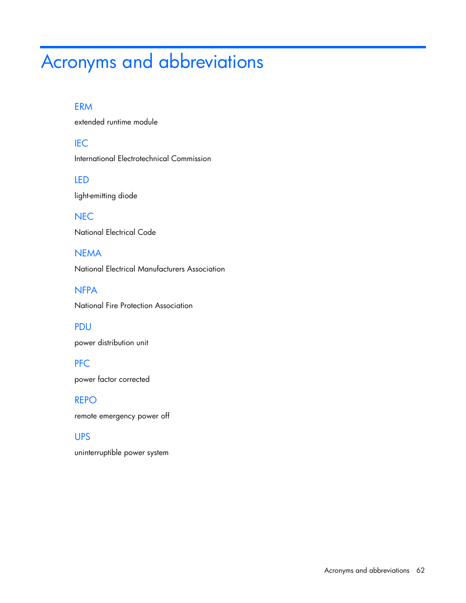 Acronyms and abbreviations | HP UPS Extended Runtime Module User Manual | Page 62 / 65