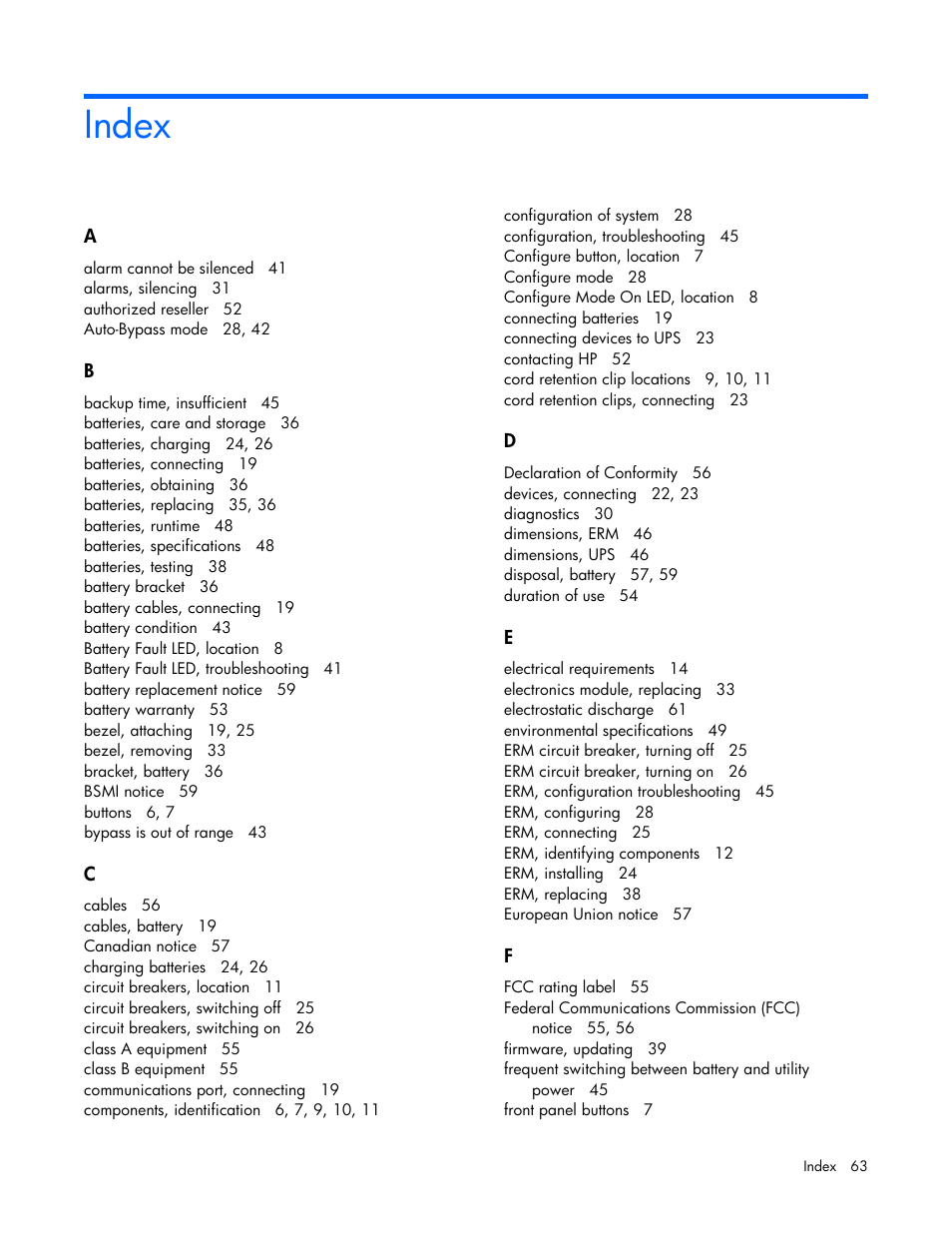 Index | HP UPS Extended Runtime Module User Manual | Page 63 / 65