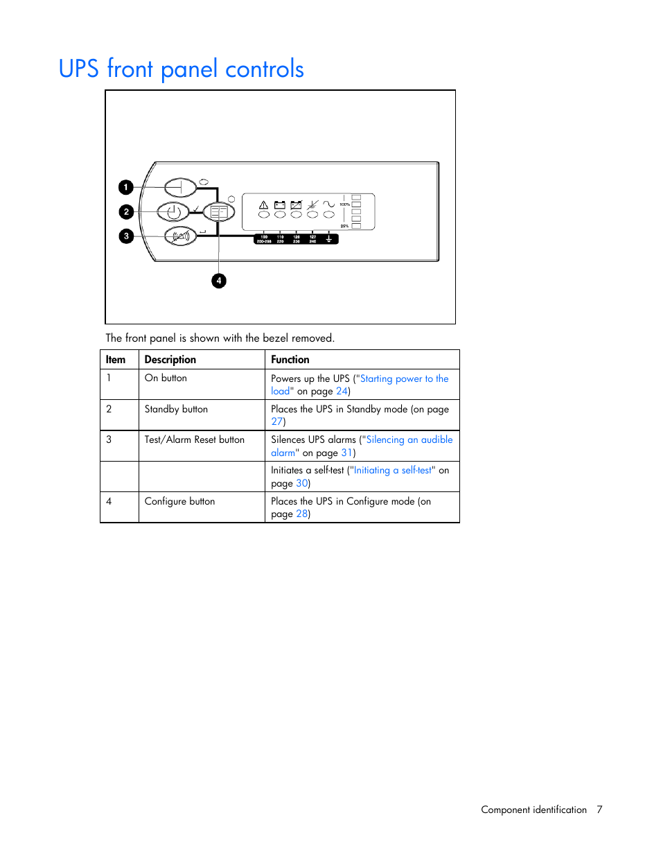 Ups front panel controls | HP UPS Extended Runtime Module User Manual | Page 7 / 65