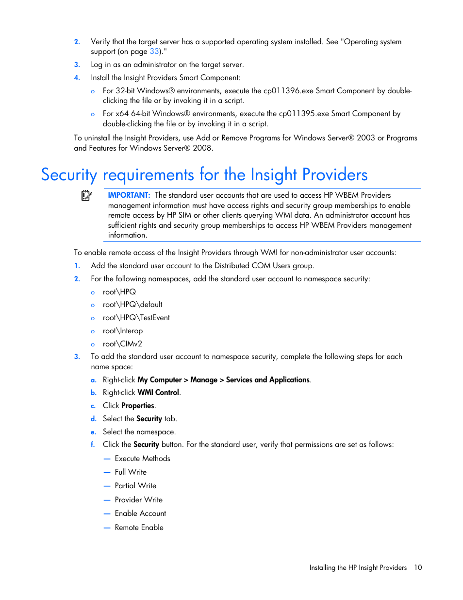 Security requirements for the insight providers | HP Insight Management WBEM Providers User Manual | Page 10 / 40