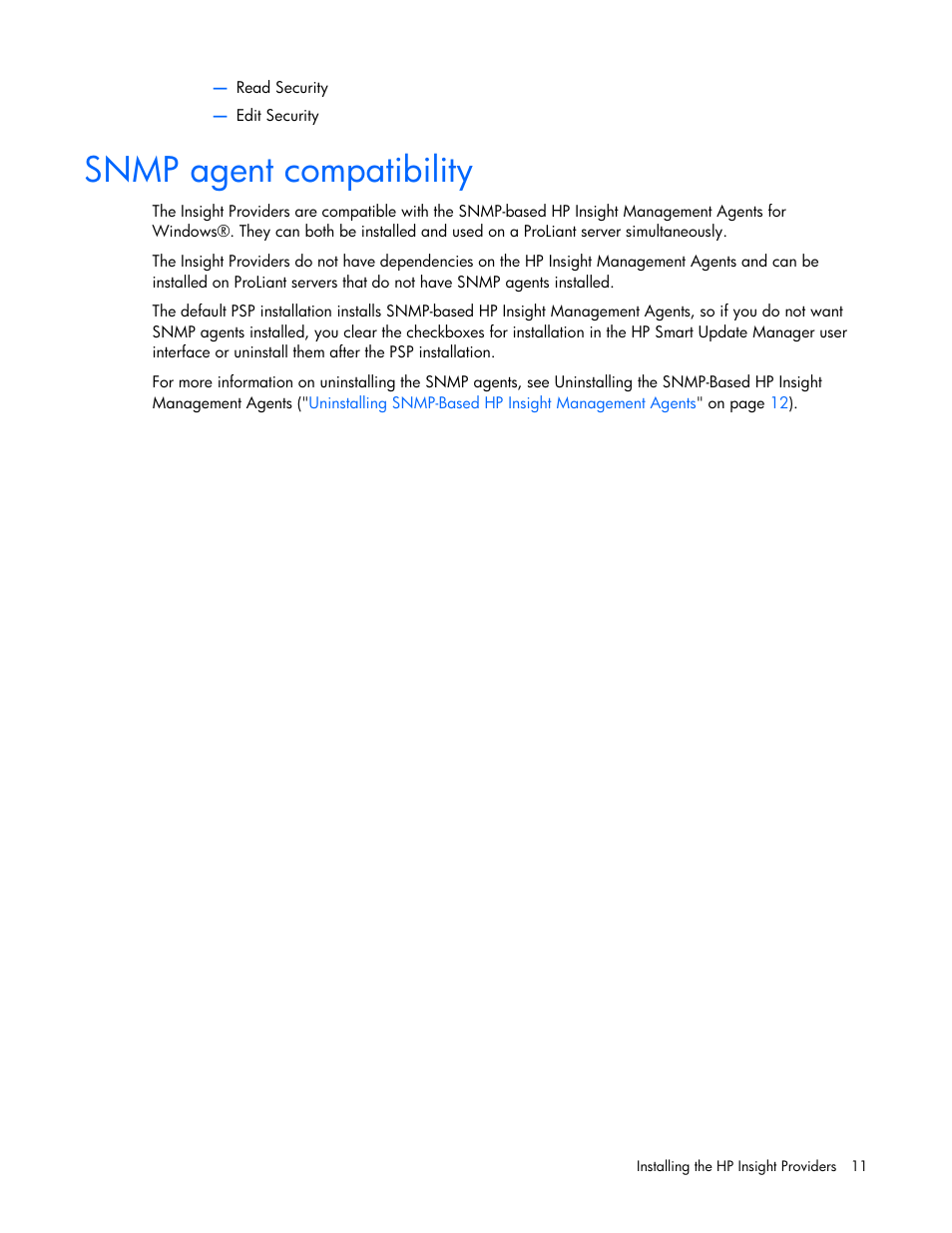 Snmp agent compatibility | HP Insight Management WBEM Providers User Manual | Page 11 / 40