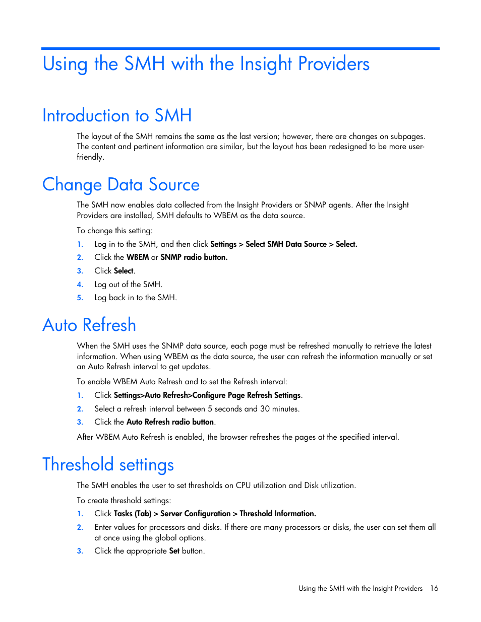 Using the smh with the insight providers, Introduction to smh, Change data source | Auto refresh, Threshold settings | HP Insight Management WBEM Providers User Manual | Page 16 / 40