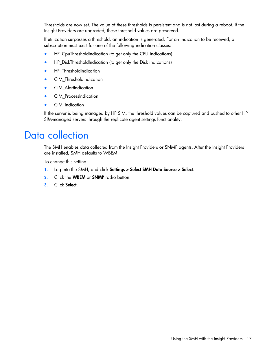 Data collection | HP Insight Management WBEM Providers User Manual | Page 17 / 40