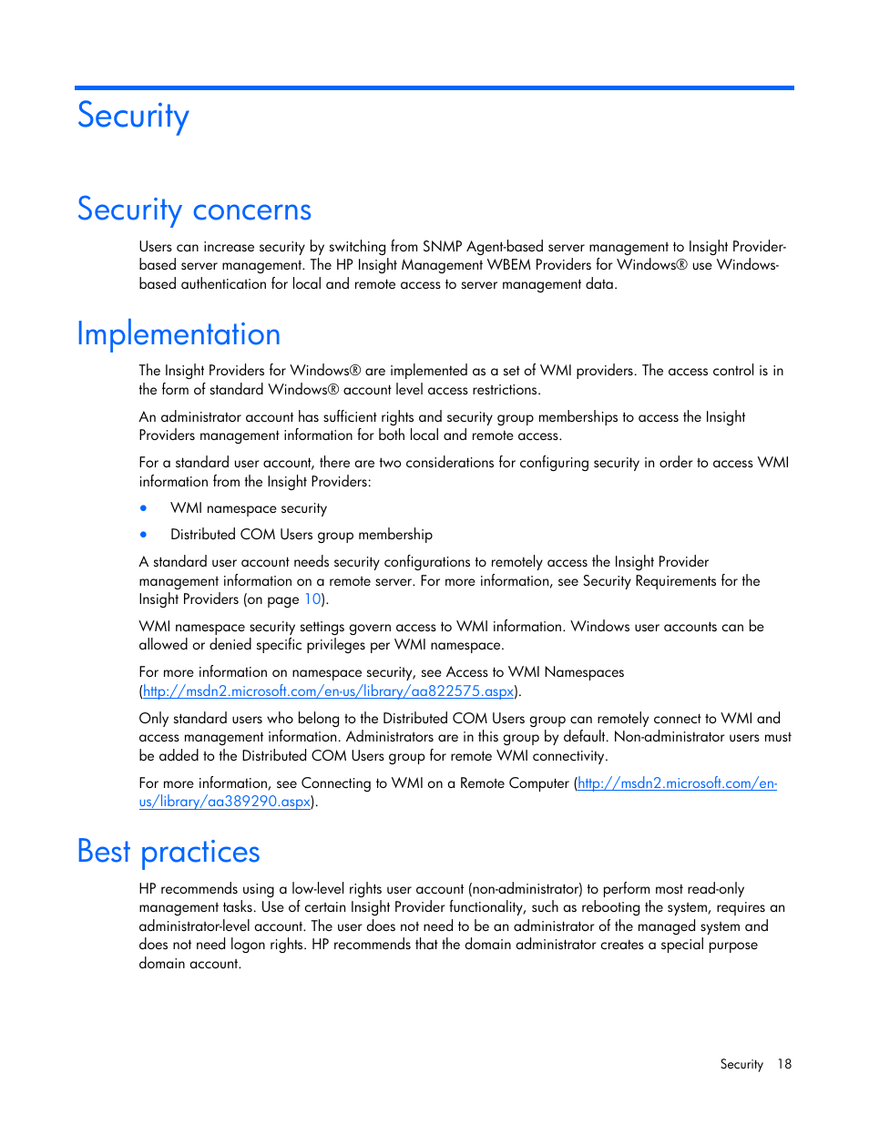 Security, Security concerns, Implementation | Best practices, Security concerns implementation best practices | HP Insight Management WBEM Providers User Manual | Page 18 / 40