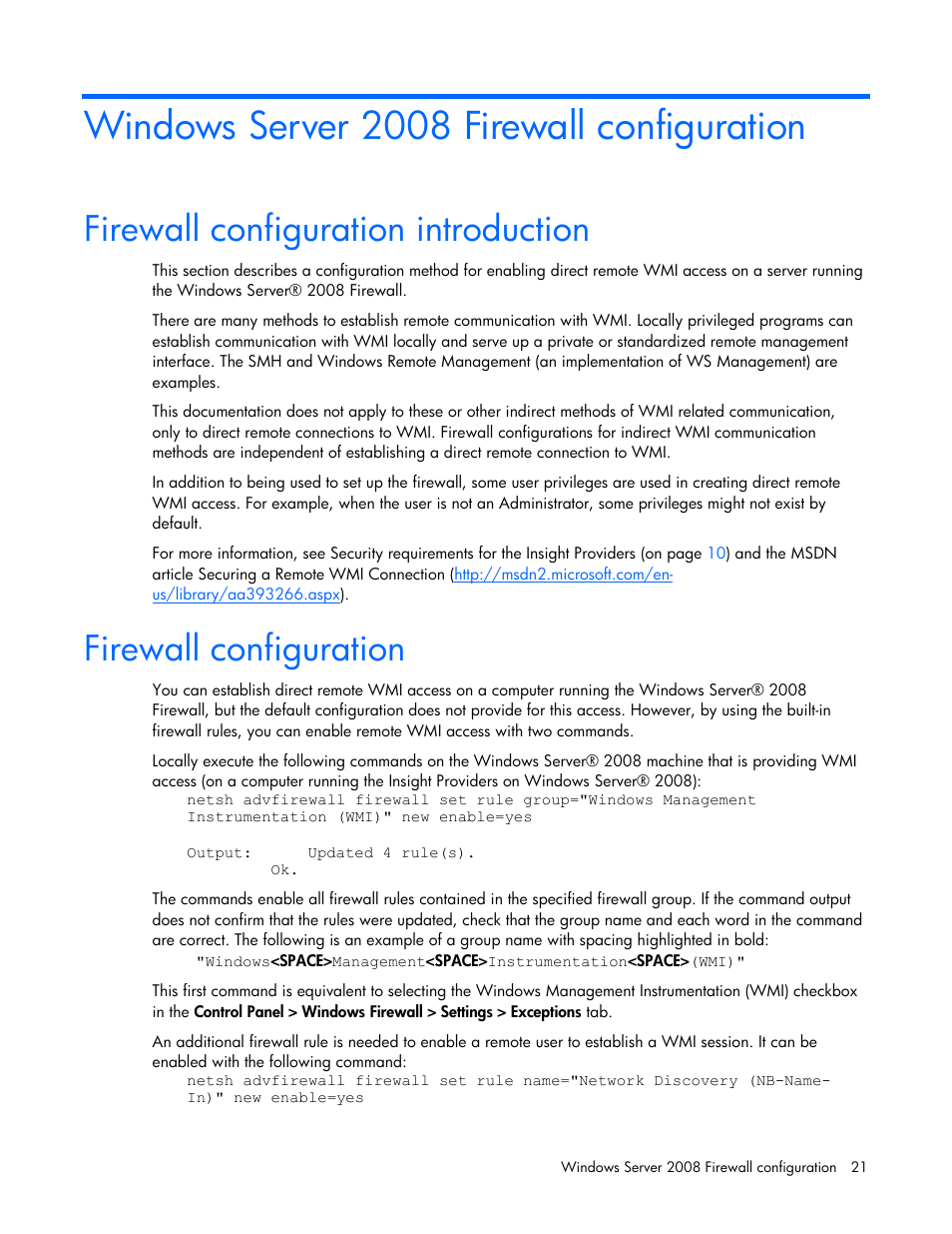 Windows server 2008 firewall configuration, Firewall configuration introduction, Firewall configuration | HP Insight Management WBEM Providers User Manual | Page 21 / 40