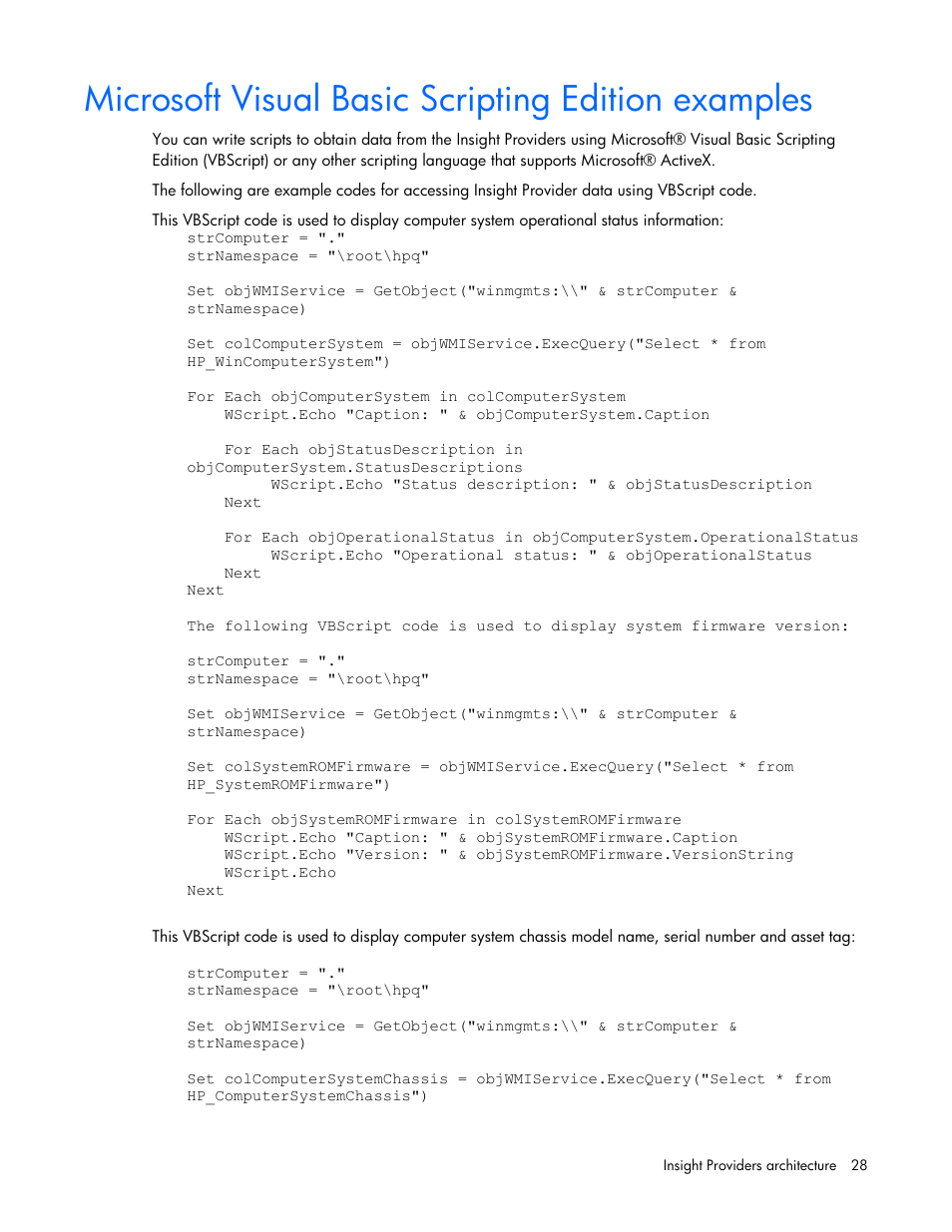 Microsoft visual basic scripting edition examples | HP Insight Management WBEM Providers User Manual | Page 28 / 40