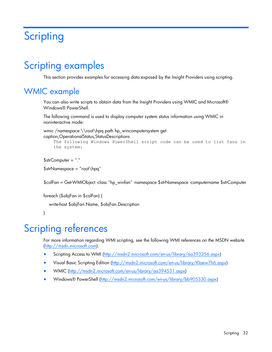 Scripting, Scripting examples, Wmic example | Scripting references | HP Insight Management WBEM Providers User Manual | Page 32 / 40